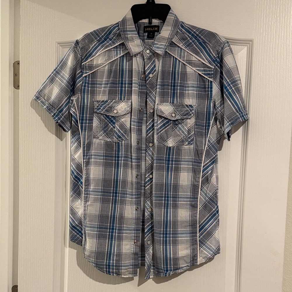 Helix Blue and White Plaid Short Sleeve Button-Down Shirt